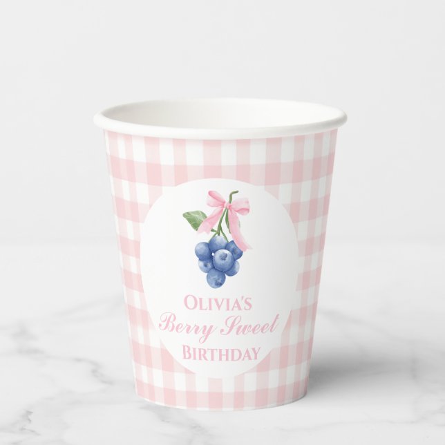 Vasos De Papel Arándano dulce cumpleaños lazo rosa gingham (Anverso)