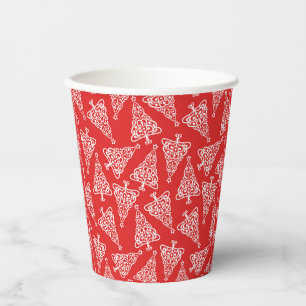 Vasos De Papel Árbol blanco de Navidad con respaldo rojo