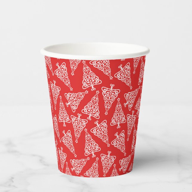 Vasos De Papel Árbol blanco de Navidad con respaldo rojo (Anverso)