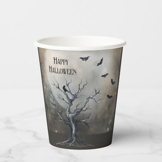 Vasos De Papel Árbol de Halloween con raven y murciélagos (Anverso)