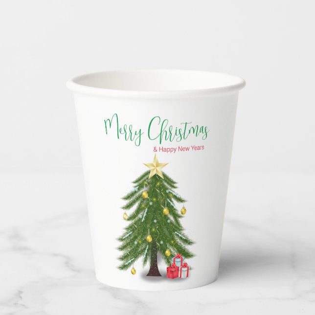 Vasos De Papel Árbol de Navidad con presente rojo (Anverso)