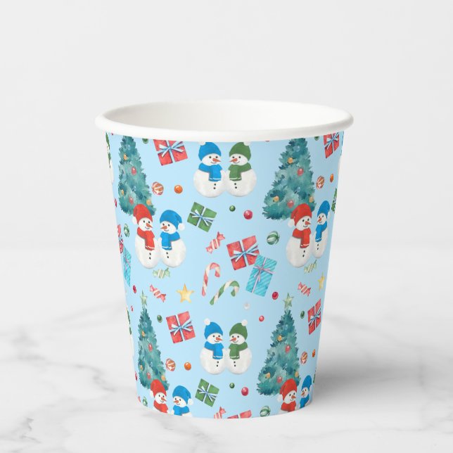Vasos De Papel Árbol de Navidad, hombre de nieve, regalos, patrón (Anverso)