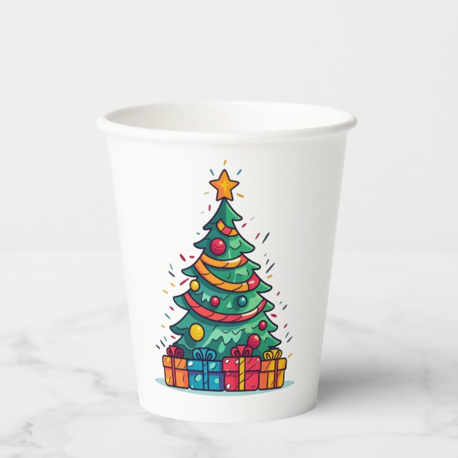 Vasos De Papel Árbol de Navidad lindo con regalos (Anverso)