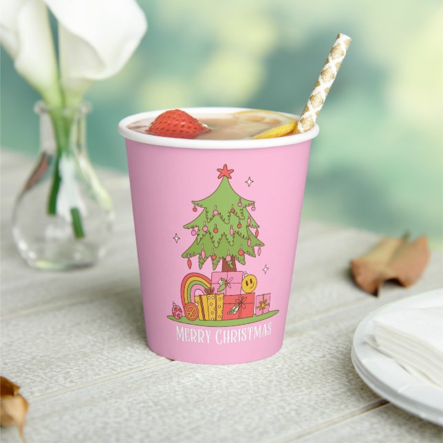 Vasos De Papel Árbol de Navidad retro rosa (in situ)