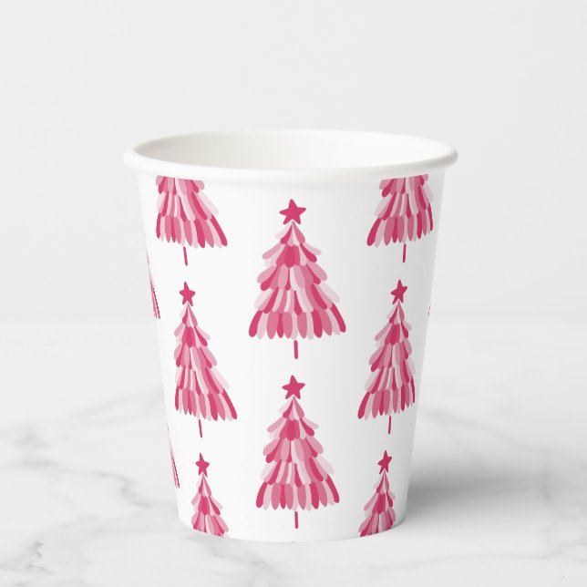 Vasos De Papel Árbol de vacaciones de Navidades rosados (Anverso)