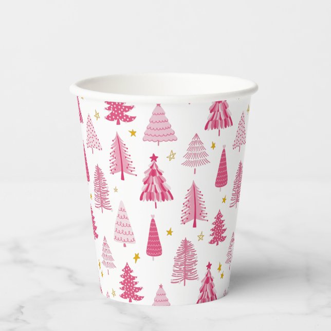 Vasos De Papel Árbol de vacaciones de Navidades rosados (Anverso)