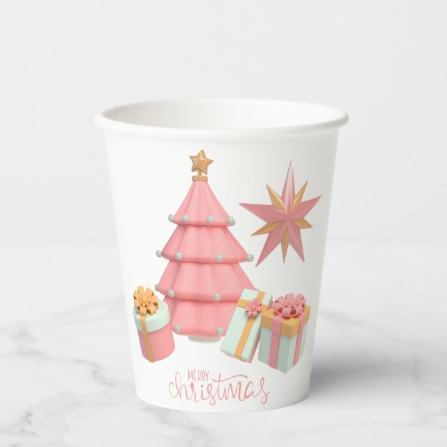 Vasos De Papel Árbol Y Estrellas De Navidad Rosa Y Oro (Anverso)