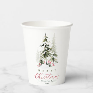 Vasos De Papel Árboles de Pino Acuarela Rústica Navidad Personali