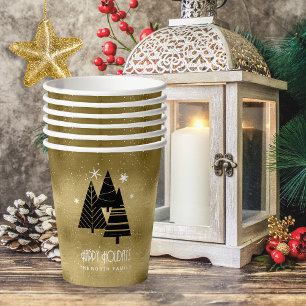 Vasos De Papel Árboles navideños y copos de nieve Gold ID863