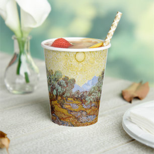 Vasos De Papel Árboles olivos con cielo y sol amarillos
