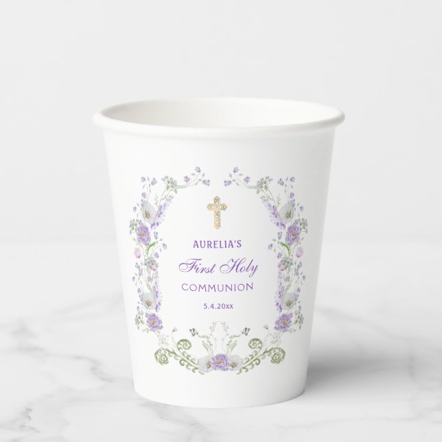 Vasos De Papel Arco de Flores Lilac de acuarela Primera Comunión (Anverso)