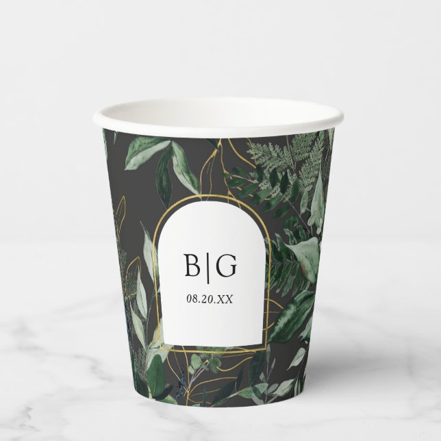 Vasos De Papel Arco moderno con boda follaje acuático (Anverso)