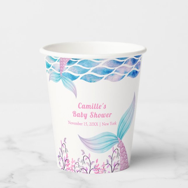 Vasos De Papel Arcoiris bajo mar Mermaid Tail Baby Shower (Anverso)