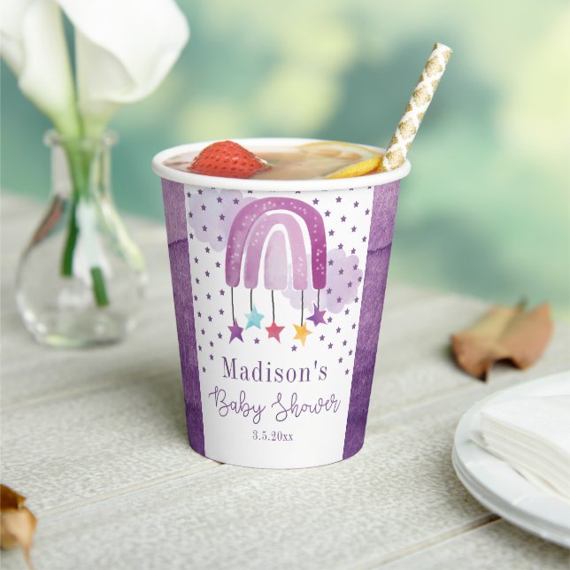 Vasos De Papel Arcoiris morado personalizado de Baby Shower (in situ)
