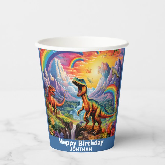 Vasos De Papel Arcoiris Salvaje Un dinosaurio Azul (Anverso)
