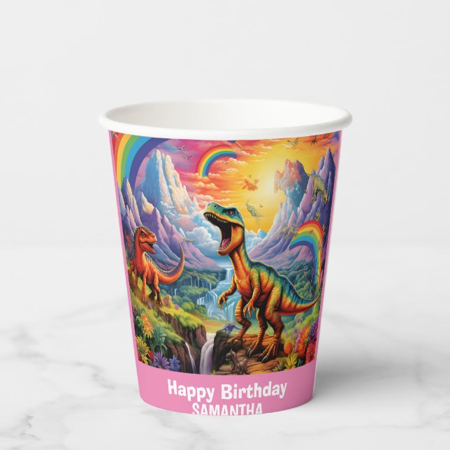 Vasos De Papel Arcoiris Salvaje Un dinosaurio Rosa (Reverso )