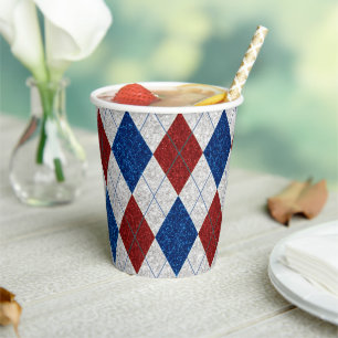 Vasos De Papel Argyle Rojo, Blanco y Azul con Brillo para el 4 de