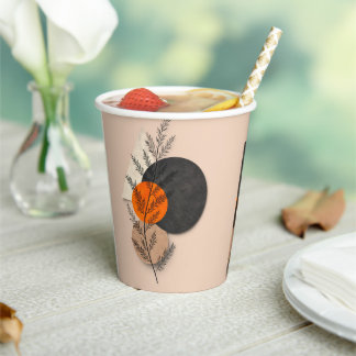 Vasos De Papel Arte Botánico Geométrico Boho Naranja Negro Neutro