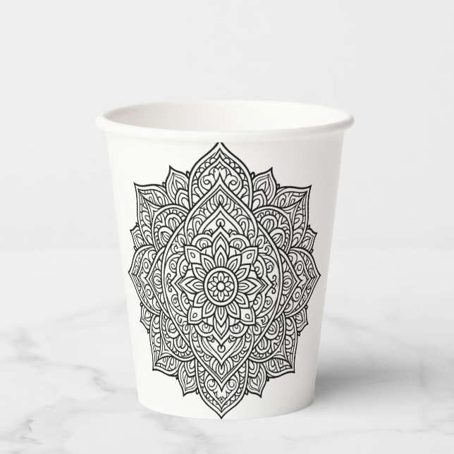 Vasos De Papel Arte de Mandala de Línea Negra Intrincada (Anverso)