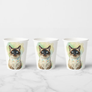 Vasos De Papel Arte de mascotas en acuarela de gato siamés lindo