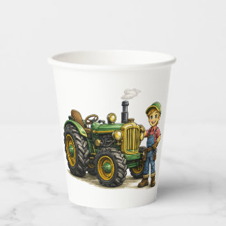 Vasos De Papel Arte de niño granjero lindo con tractor verde vint