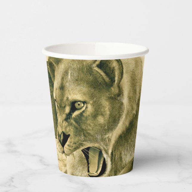 Vasos De Papel Arte dramático de safari de fauna con leona (Izquierda)