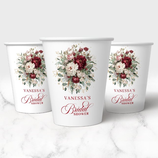 Vasos de Papel Artísticos Burgundy Floral para Des (Artistic Burgundy Floral Bridal Shower Paper Cups)