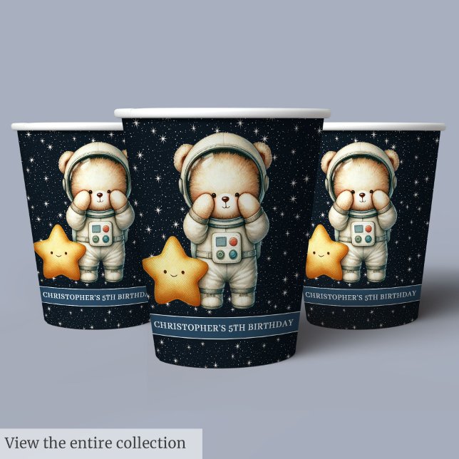 Vasos De Papel Astronauta de Oso de Teddy Cumpleaños (Teddy Bear Astronaut Personalized Boy Birthday Paper Cups )