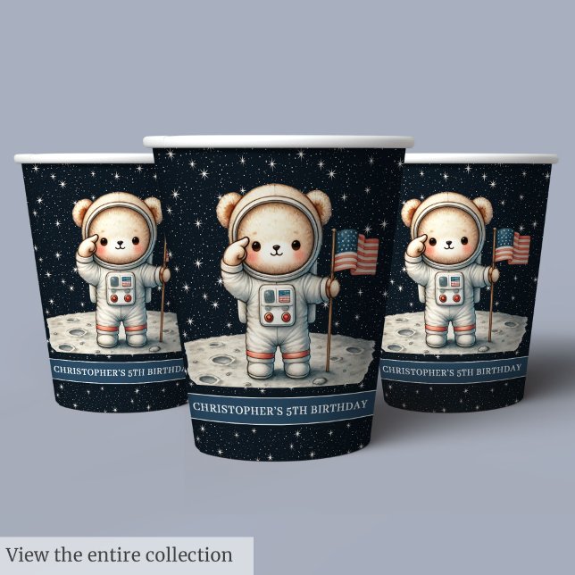 Vasos De Papel Astronauta De Oso De Teddy Niño Niño Niño Ave De C (Teddy Bear Astronaut Baby Boy Birthday Cups Set)