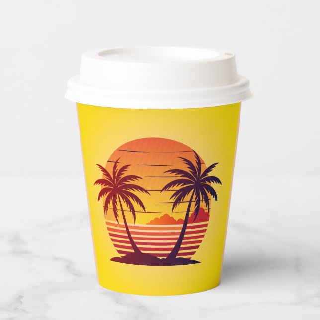 Vasos De Papel Atardecer con vector de palmeras-98803 (Anverso)