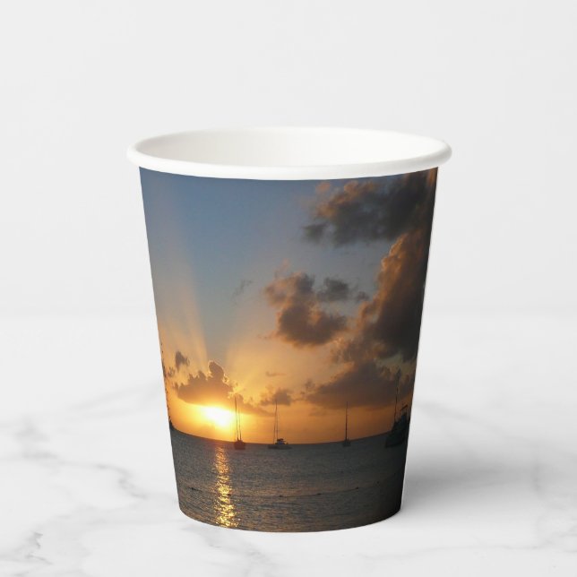 Vasos De Papel Atardecer con veleros paisaje tropical foto (Reverso )