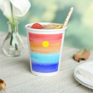 Vasos De Papel Atardecer sobre la acuarela oceánica Resumen arte 