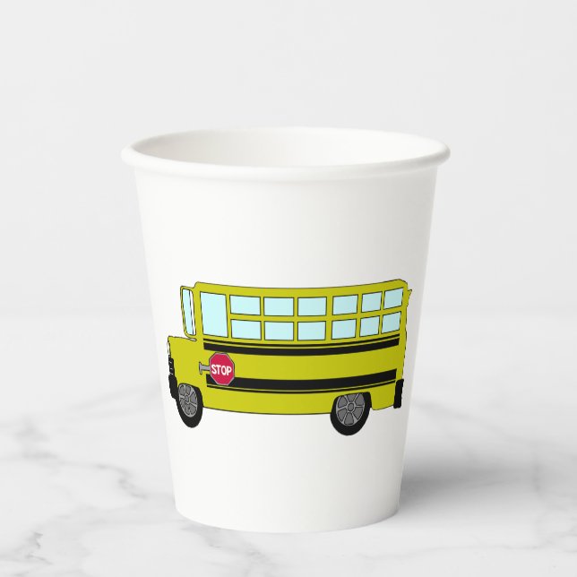 Vasos De Papel Autobús Escolar Amarillo con Letrero de Parada (Anverso)