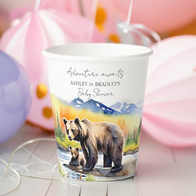 Vasos De Papel Aventura espera el cachorro de oso con la mamá beb (Adventure awaits bear cub and mama bear baby shower tableware personalized paper cups watercolor)