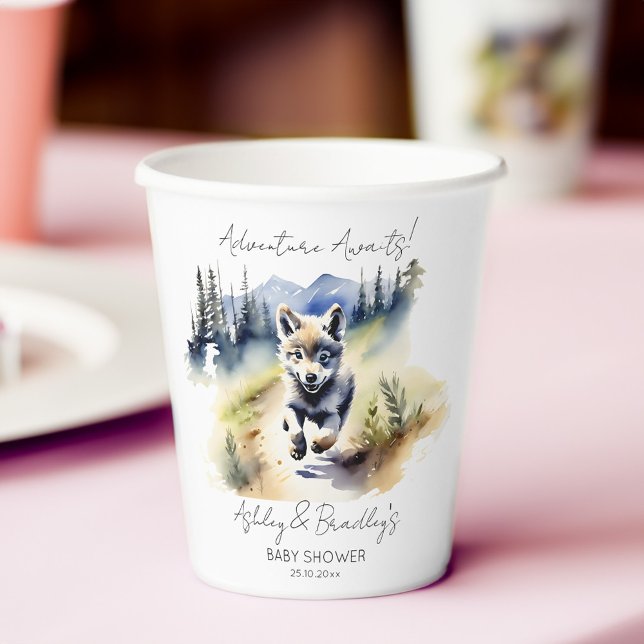 Vasos De Papel Aventura temática de lobo espera la vajilla de la  (Wolf themed adventure awaits baby shower tableware personalized paper cups watercolor cute wolf cub)