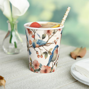 Vasos De Papel Aves de color de agua vintage y flores taza de pap
