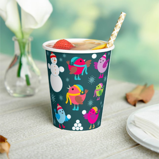 Vasos De Papel Aves de invierno jugando en la nieve con hombre de (Subido por el creador)