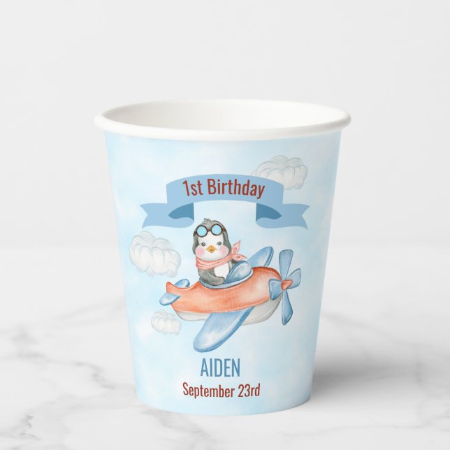 Vasos De Papel Avión de Cute Penguin Azul primer cumpleaños (Anverso)