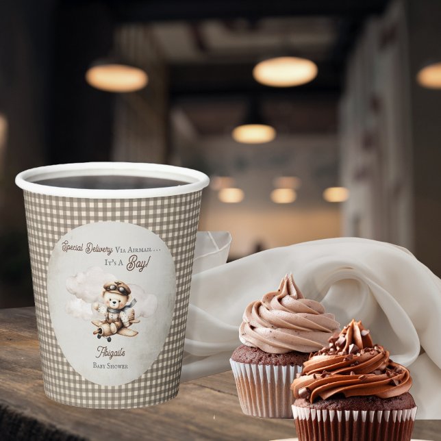 Vasos De Papel Avión Teddy Bear entrega especial Baby Shower (Cute "Special Delivery Via Airmail . . . It's A Boy!" Teddy Bear | Airplane Baby Shower Paper Cups)