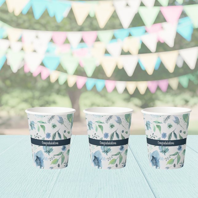 Vasos De Papel Azul acuarela sobre Personalizado floral gris clar (Subido por el creador)