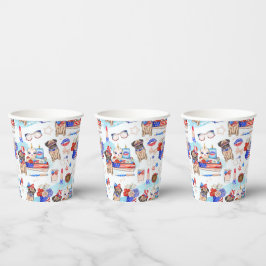 VASOS DE PAPEL AZUL BLANCO ROJO 4 DE JULIO ARTÍCULOS CON PERRO DE