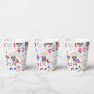VASOS DE PAPEL AZUL BLANCO ROJO 4 DE JULIO ARTÍCULOS CON PERRO DE