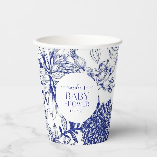 Vasos De Papel Azul Chinoiserie Victoriano Floral ducha de bebé (Anverso)