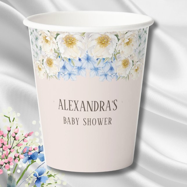 Vasos De Papel Azul floral blanco Hydrangea Garden Baby Shower (Subido por el creador)