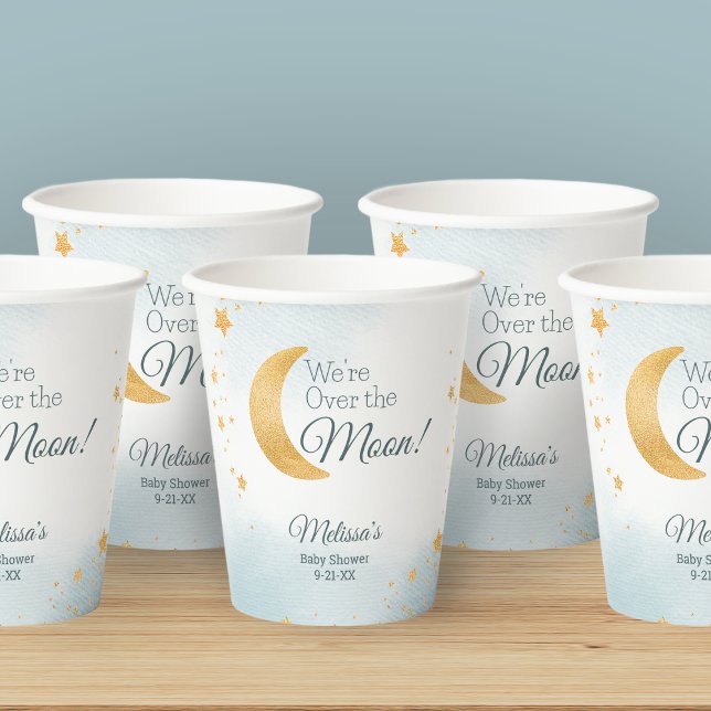 Vasos De Papel Azul lindo Estamos sobre la luna Baby Shower (Cute Blue We're Over the Moon Baby Shower Paper Cups)