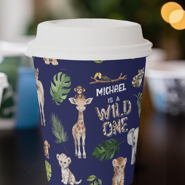 Vasos De Papel Azul marino, animales de la jungla, Safari primer  (Navy Blue, Safari themed, jungle animals boy 1st birthday party paper cups)