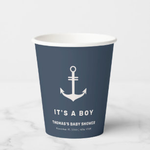 Vasos De Papel Azul Marino Beige Ancla Temática Baby Shower