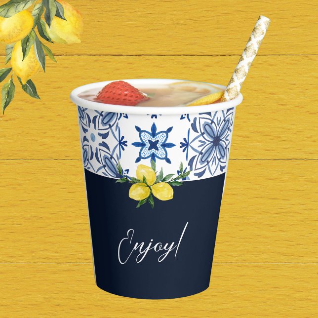 Vasos De Papel Azul marino italiano Tile amarillo Lemon Bridal Du (Subido por el creador)