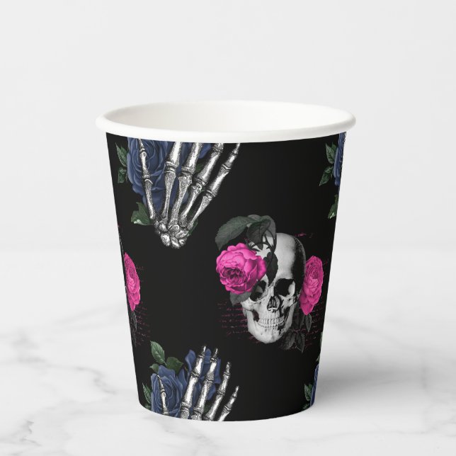 Vasos De Papel Azul marino y cráneo floral rosado Boda gótico (Anverso)