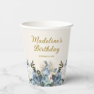 Vasos De Papel Azul Polvoriento Flores Blancas Cumpleaños Nombre